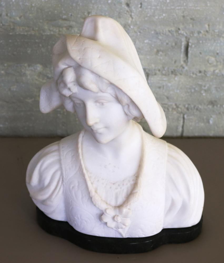 Alabaster Bust of Young Girl with Bonnet: Alabaster bust of young girl with bonnet, 10" x 8" x 4 1/2". Provenance: Private Collection, Dover, Massachusetts.