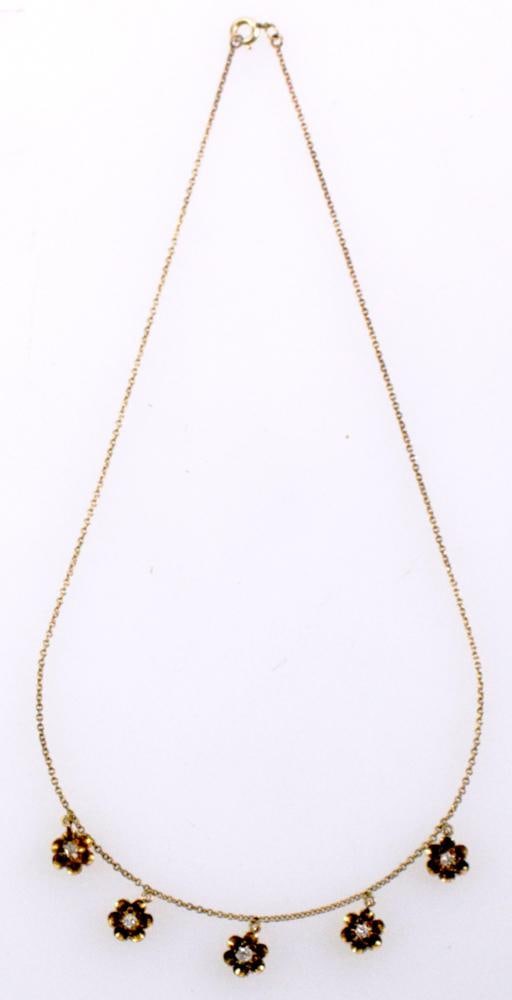 Gold Filled Necklace with Diamond Drops: Gold filled necklace with (5) diamond drops, 15 1/4" L. Approximately 3 grams. Provenance: Springvale, Maine collection.Â PLEASE NOTE: payment for silver, gold, jewelry, and coins must be made via wi