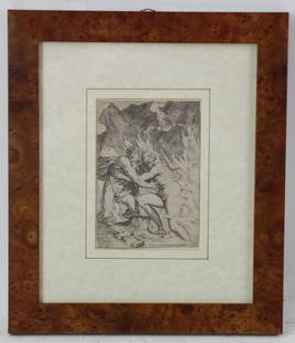 Agostino Carracci Engraving, Orpheus and Eurydice: Agostino Carracci (Bologna, 1557-1602), Orpheus and Eurydice, engraving, 6" x 4", framed 12" x 11". Provenance: Palm Beach, Florida estate.