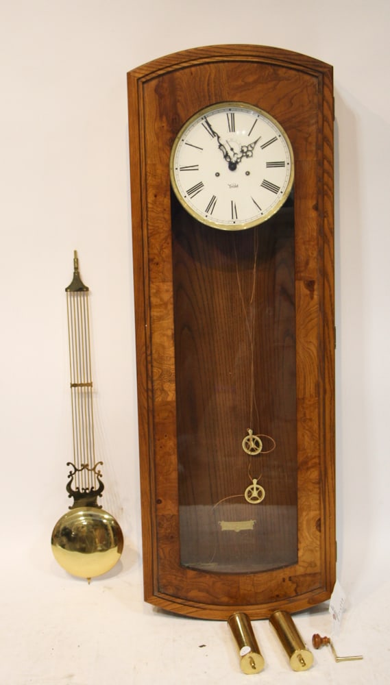 Wall Regulator Clock: Wall regulator clock 49" H x 16 1/2" x 7". Provenance: Chestnut Hill, Massachusetts collection.