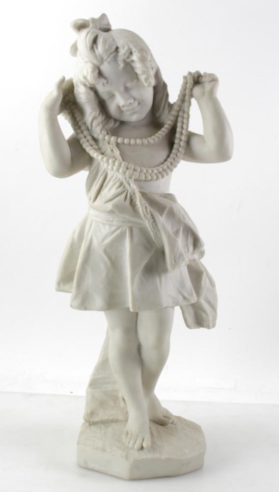 19thC Bisque Girl with Strand of Pearls: 19th century bisque girl with strand of pearls, 29" H. Provenance: Fitchburg, Massachusetts collection.