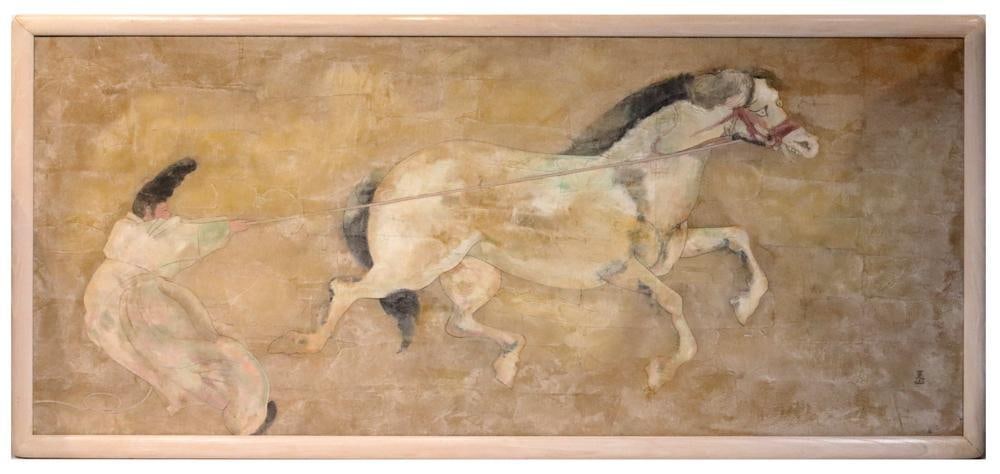 Gayle Baddeley Original White Rub Painting: Gayle Baddeley original white rub painting in 16th century Chinese style, 40" x 87". Provenance: Fitchburg, Massachusetts collection.