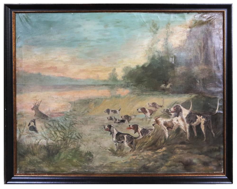 Hunting Scene, Oil on Canvas: Hunting scene, oil on canvas, signed indistinctly Herring, 27" x 35", framed 30" x 38". Provenance: Private Collection, Dover, Massachusetts.
