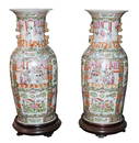 Pair of Large Chinese Rose Medallion Urns on Stands