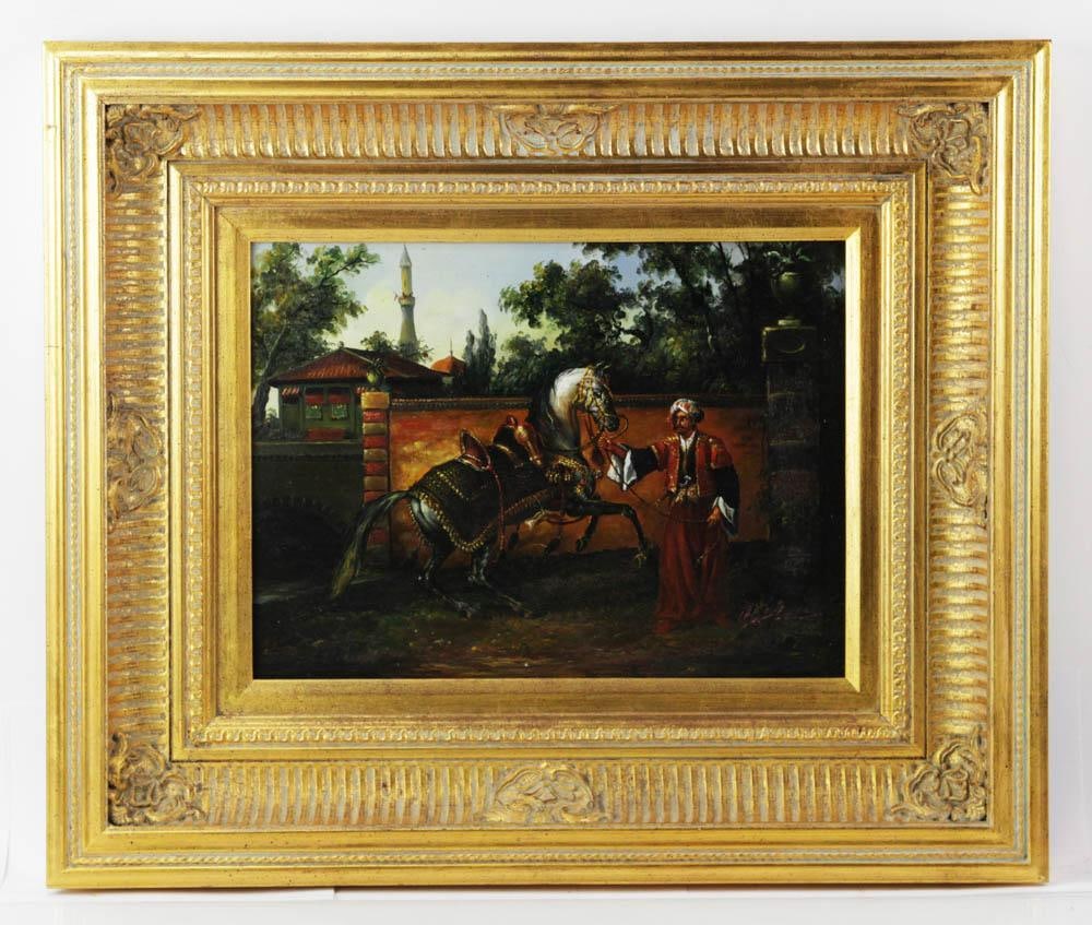 Indian Mughal Prince with Horse, Oil on Board: Indian Mughal prince with horse, oil on board, signed indistinctly, 12" x 16", in carved giltwood frame 22" x 26". Provenance: Palm Beach, Florida estate.