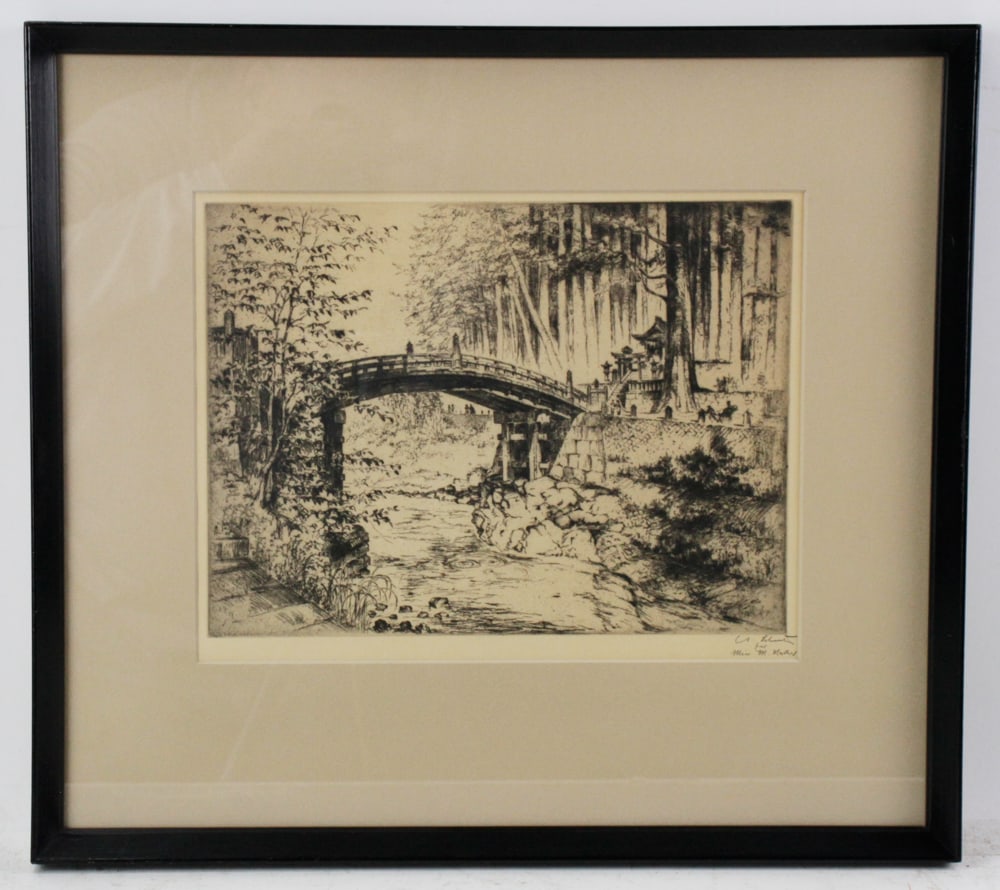 Anton Schutz, Sacred Bridge of Nikko, Original Etching: Anton Schutz (1894-1977), sacred bridge of Nikko, original etching, artist proof, signed L/R with inscription, legend verso, 8 3/4" x 11 3/4" (plate), framed 17" x 19". Provenance: North Reading, Mass