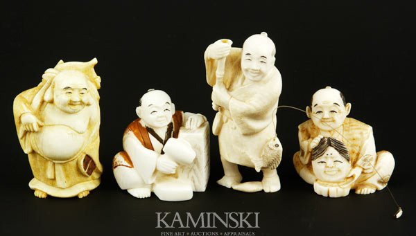 4 Japanese Netsukes: Four carved netsukes, Japan, ivory, all with marks on bases, including one Buddha with fan and sack, 2"; one fisherman, 2 5/8"; one seated cabinet maker, 1 1/2"; and one seated stone carver, 1 1/2".