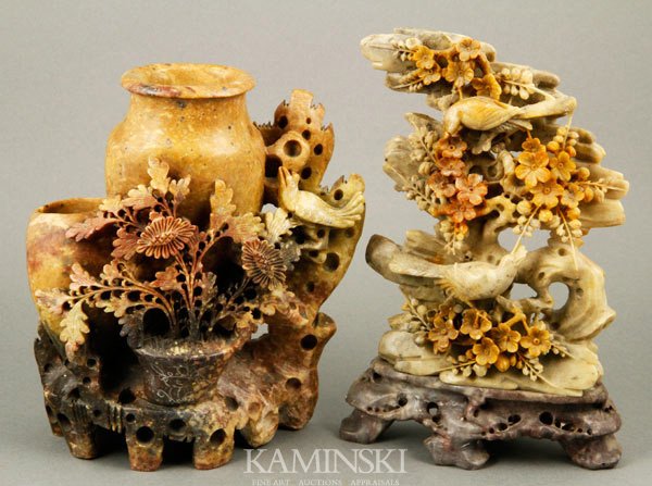 2 Chinese Soapstone Carvings: Two soapstone carvings, China, one having a carved vase surrounded by rocks and a bird, the other decorated with two birds and plum blossoms, largest 8 1/2".