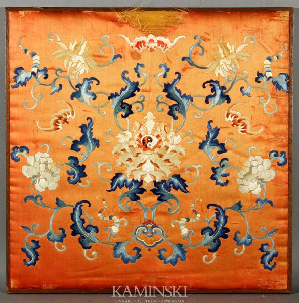 Chinese Qing Embroidery Panel: Embroidery, China, Qing Dynasty, square silk panel decorated with bats and blue acanthus leaves, 18" x 18".