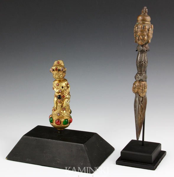 8072: Two Tibetan Buddhist Ornaments: Two Buddhist Ornaments, Tibet, one with stone and one with gilt, tallest 10 ½” h.