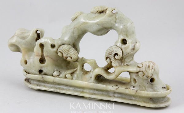 Chinese 19th/20th C. Soapstone Brush Stand: Brush Stand, China, late 19th-early 20th century, soapstone, carved with ruyi-shaped lingzhi, 4" x 8 1/2".
