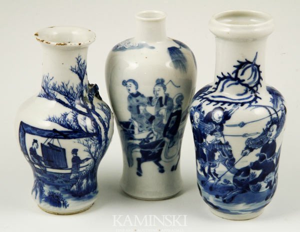 3 Chinese Blue and White Vases: Three blue and white vases, China, 6” x 3 1/4”, 6 1/2” x 3 1/4”, 6 3/4” x 3”. Minor rim chips.