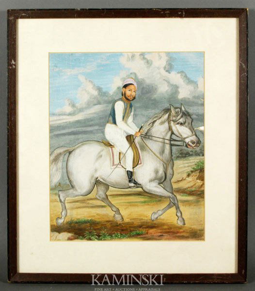 Indian Antique Painting: Antique painting, India, ink and color on paper, of a man riding a white horse, unsigned, 10 1/4" x 8 1/2", framed 15 1/4" x 13 5/8".