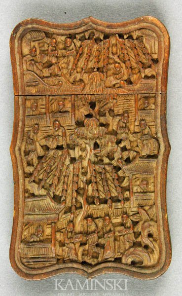 Chinese Card Case: Card case, China, 19th century, carved boxwood, finely carved with figures, buildings and trees, 3 1/4" x 2 1/2".