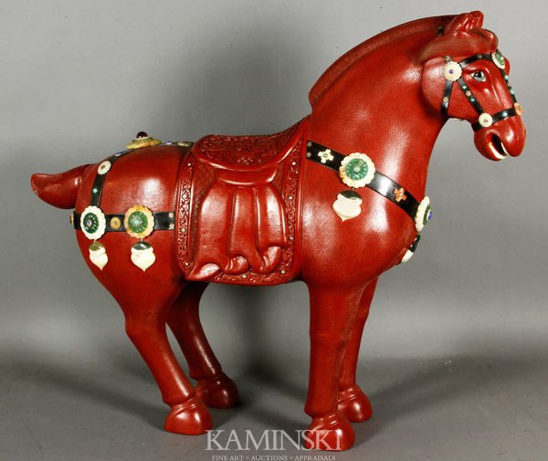 Monumental Chinese Cinnabar Horse: Monumental statue of a horse, China, 20th century, inlaid with semi-precious stones and jade, 26" x 31 1/2" x 10".