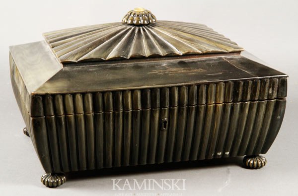 19th C. Anglo-Indian Horn Sewing Box: Horn sewing box, Anglo-Indian, 19th century, with ivory accessories, approximately 7" h x 12 3/4" w x 9 5/8" d.