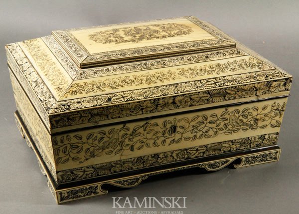 19th C. Anglo-Indian Ivory Sewing Box: Ivory sewing box, Anglo-Indian, 19th century, with ivory accessories and hidden mirror, with key 7" h x 12 1/2" w x 9 1/2" d. Some accessories missing.