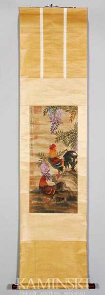 Chinese Scroll Painting: Scroll painting, China, signed Jiang Tingxi, of two roosters and a chick.