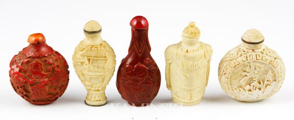 5 Chinese Snuff Bottles: Lot of five snuff bottles, assorted shapes and materials including cinnabar and soft paste, China, 3" h.