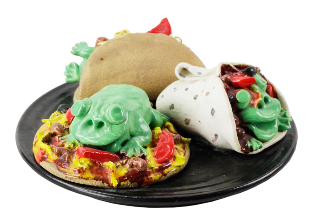 David Gilhooly, Frog Pizza, Taco, Burrito: David Gilhooly (American, 1943-2013), figural ceramic frog pizza, taco, burrito, 4" x 11". Provenance: Estate of the late Maurice & Myna Perlstein of La Jolla, California and Chicago, Illinois