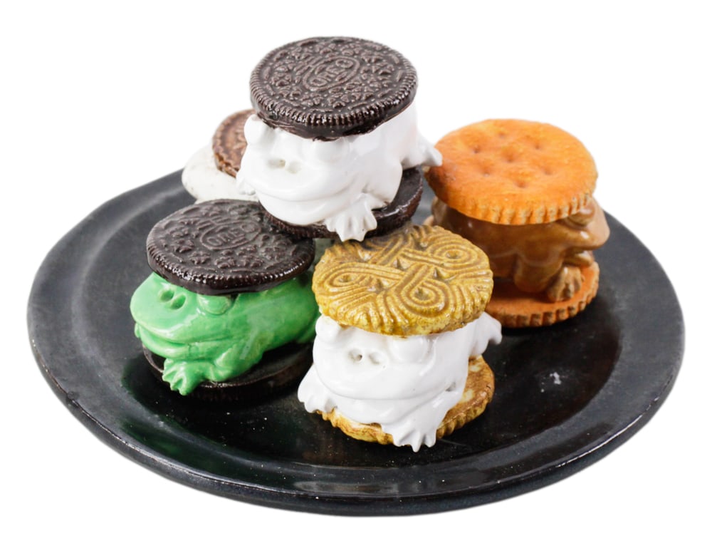 David Gilhooly, Frog Cookies and Crackers: David Gilhooly (American, 1943-2013), figural ceramic frog cookies and crackers, 3 1/2" x 6 1/2". Provenance: Estate of the late Maurice & Myna Perlstein of La Jolla, California and Chicago, Illinois