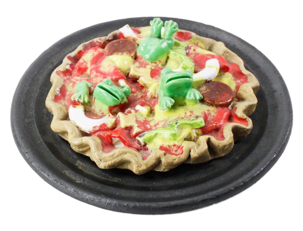 David Gilhooly, Frog Pie: David Gilhooly (American, 1943-2013), figural ceramic frog pie, 3 1/2" x 6 1/2". Provenance: Estate of the late Maurice & Myna Perlstein of La Jolla, California and Chicago, Illinois