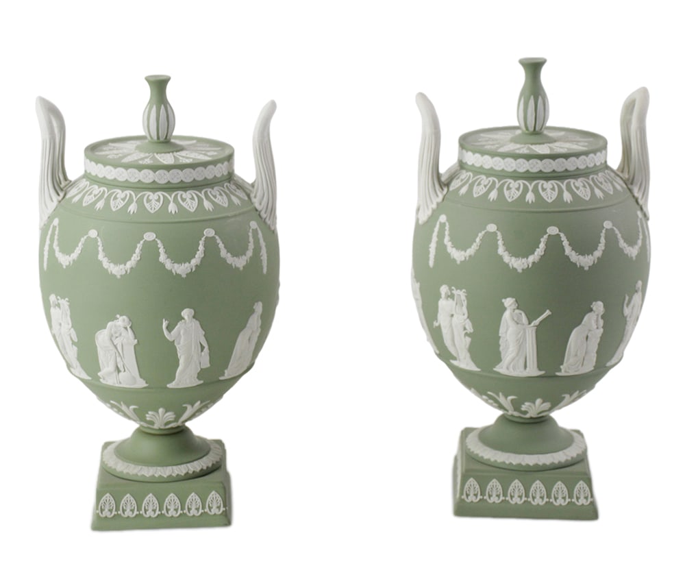 Pair of 20thC Wedgwood Green Jasperware Urns (1 of 9)