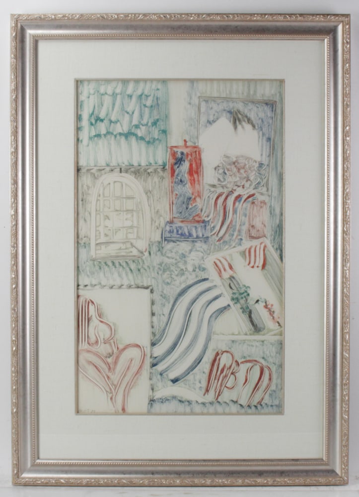 Matt Phillips, Abstract, Color Monotype, 1980: Matt Phillips (American, 1927-2017), abstract, color monotype, signed in pencil and dated 1980 L/L, 27" x 17", custom framed 38" x 27". Provenance: Former Collection of Best Products Co. Inc, Richmond