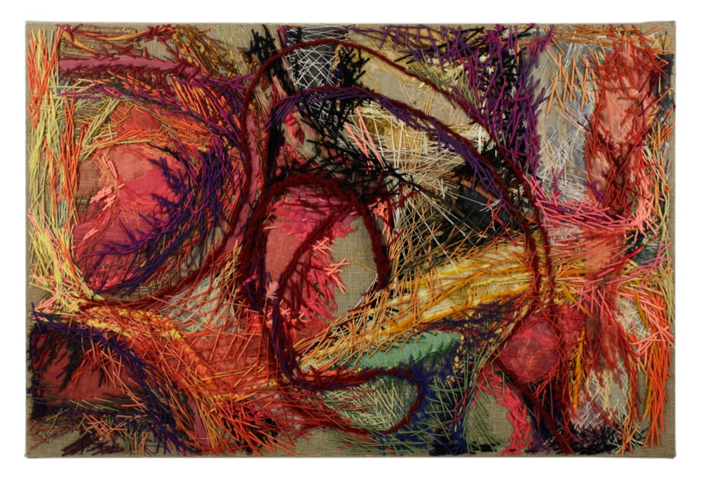 Nik Krevitsky, The City is of Night, Embroidered Abstract: Nik Krevitsky (American, 1914-1991), "The City is of Night", embroidered abstract, 1963, 24" x 36". Provenance: Estate of the late Jacqueline Beckwith of Annisquam, Massachusetts and Florida.