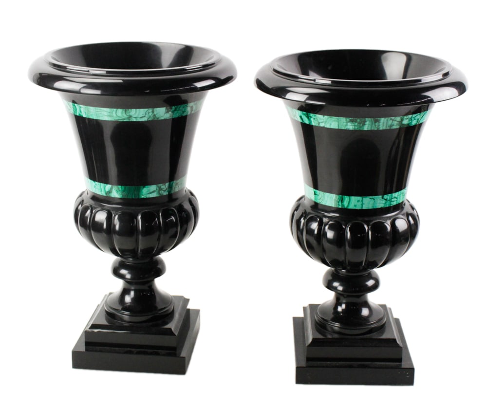 Pair of Malachite Inlaid Slate Urns (1 of 8)