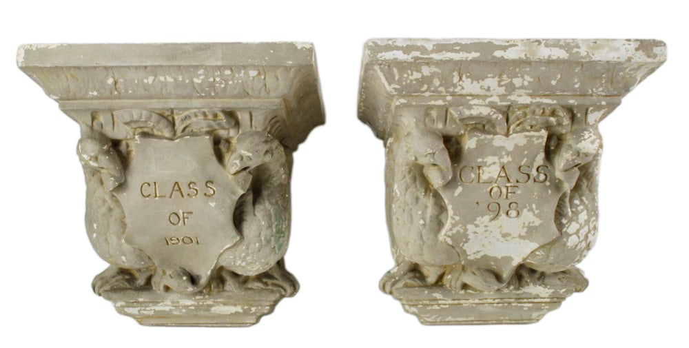Antique Plaster Wall Shelves with Eagle Design: Antique plaster wall shelves having eagle design, Class of 1898, 1901, 14" x 14" x 11". Provenance: Palm Beach, Florida estate.