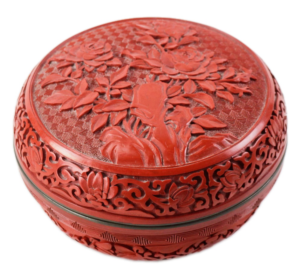 Chinese Carved Cinnabar Covered Bowl: Chinese carved cinnabar covered bowl, 4" x 7". Provenance: From the Orson and Dianne Clay Family Trust, Bountiful, Utah.