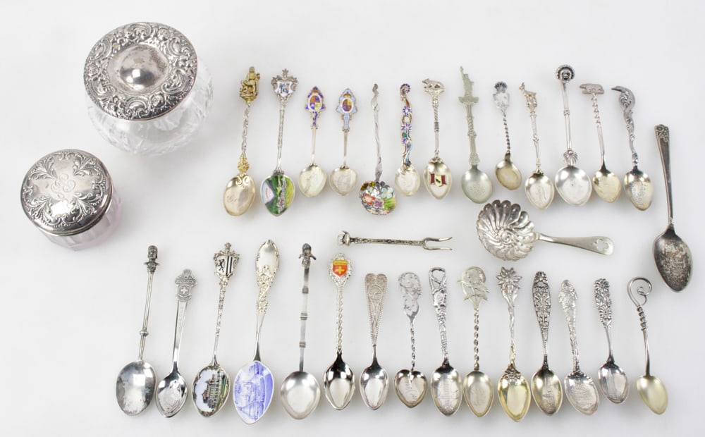 Souvenir Spoons, Glass Jars with Sterling Lids: Group of (30) souvenir spoons and (2) glass jars with sterling lids. Provenance: Prides Crossing, Massachusetts collection.