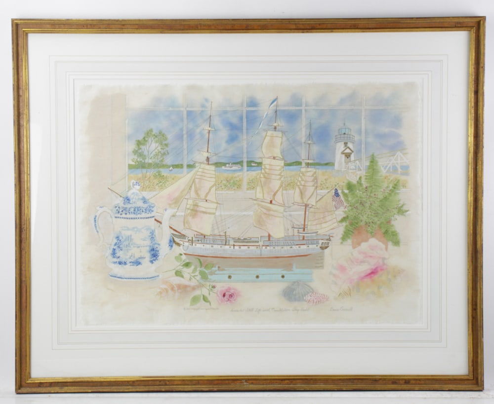 Davis Carroll, Nantucket Still Life with Constitution: Davis Carroll, "Nantucket Still Life with Constitution Ship Model", inscribed "Line Serigraph and Original Watercolor", 21" x 30", framed 31" x 40". Provenance: Beverly, Massachusetts collection.