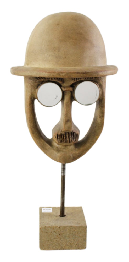 David Gil, Bennington Potters, Man with Bowler Hat: David Gil (1923-2002), founder of Bennington Potters, sculpture of man with bowler hat and mirror glasses, 22" H. Provenance: Malden, Massachusetts collection.