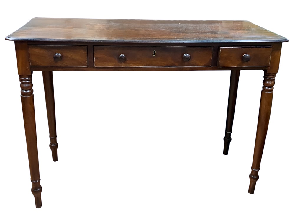 19thC English Mahogany Desk: 19th century English mahogany desk with three drawers, 30" H x 41" W x 18" D. Provenance: Upstate New York estate.