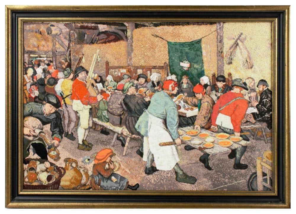 Needlepoint After Brueghel's Wedding Feast: Needlepoint picture after Pieter Brueghel's "The Wedding Feast". Owner paid $5000. Provenance: Estate of Kenneth Moore, Pompano Beach, Florida.