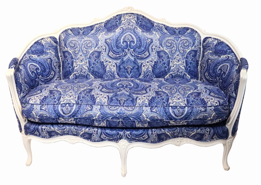 Frenchstyle Sofa, Painted White, Newly Upholstered Auction