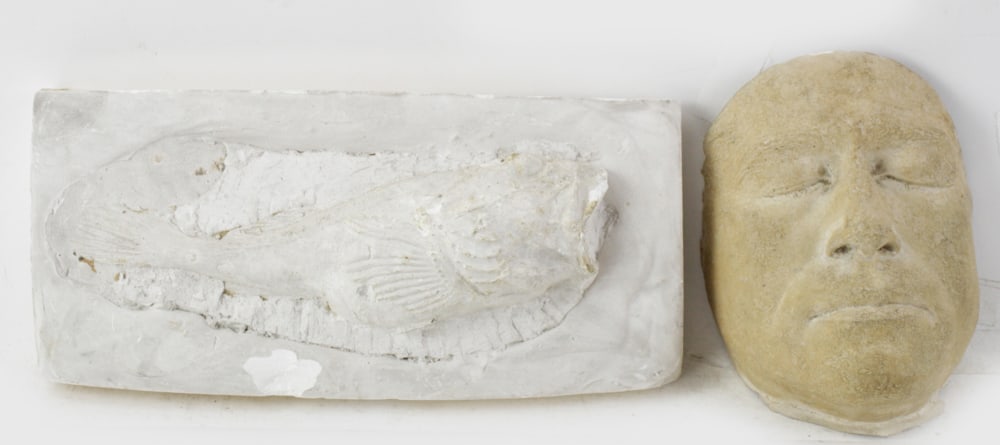 Hyman Bloom Mask by Harold Tovis, Fish Model by Bloom: Life mask of Hyman Bloom made by Harold Tovis, plaster, 8" x 5" x 4", and plaster cast of fish model attributed to Hyman Bloom. Both acquired circa 1970 at Bloom's Boston studio (notes by previous own