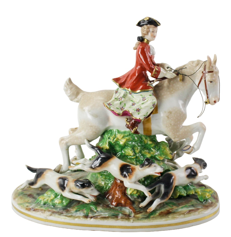 Capodimonte Woman on Horse with Hounds: Capodimonte porcelain woman on horse with hounds, 12" H x 13" W x 7" d. Provenance: Peabody, Massachusetts collection.