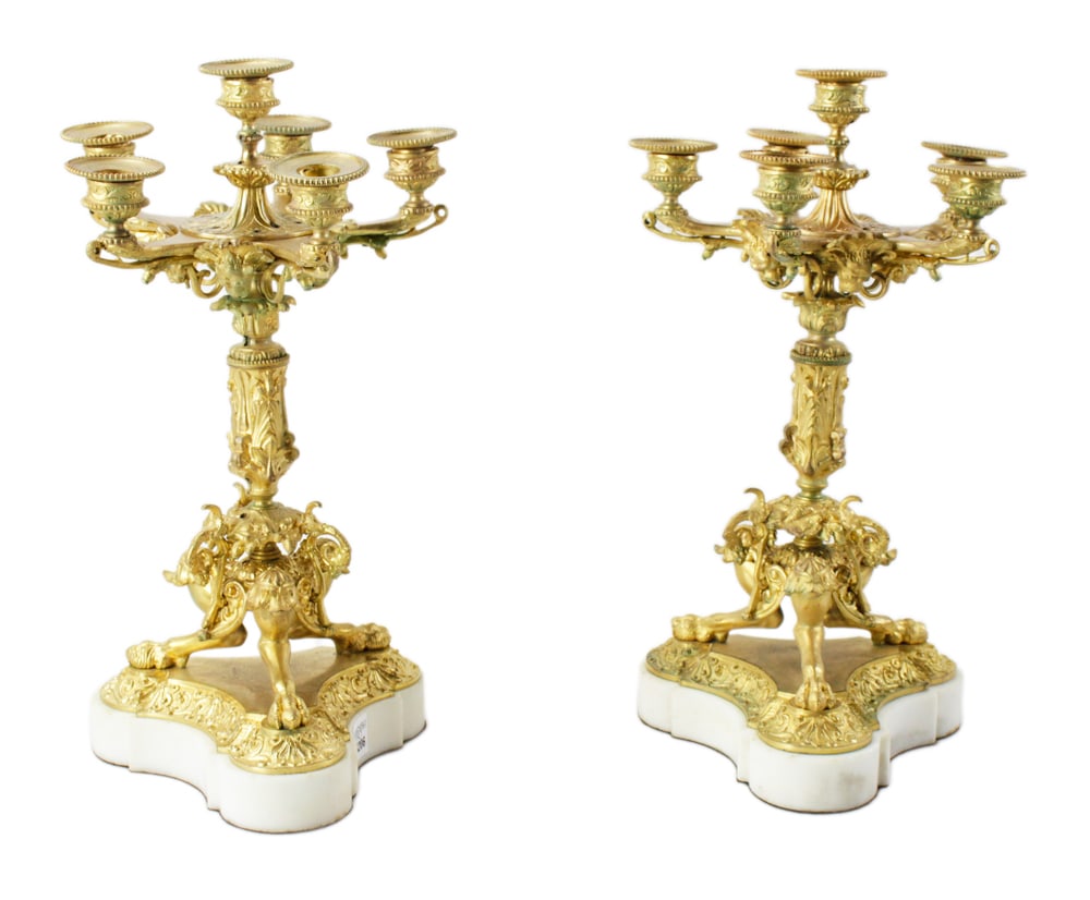 Pair of Gilt Bronze and White Marble Candelabra: Pair of gilt bronze and white marble six-branch candelabra, 16 1/2" H x 9" diameter. Provenance: Southern Connecticut collection.