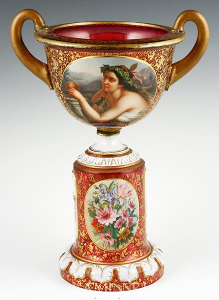 19th C. Bohemian Center Compote: 19th century, Bohemian, cut overlay center compote with handles and hand-painted center medallion, 12 1/2"h x 9 3/4"w across handles. Old restoration.