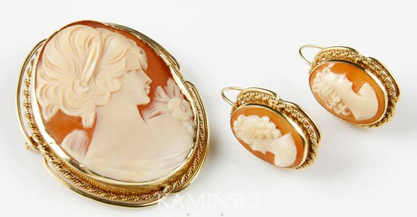 14K Gold and Shell Cameo Pin and Earrings: 14K yellow gold and shell cameo pin/pendant and earrings, 1 5/8"h x 1 3/8"w (pin).