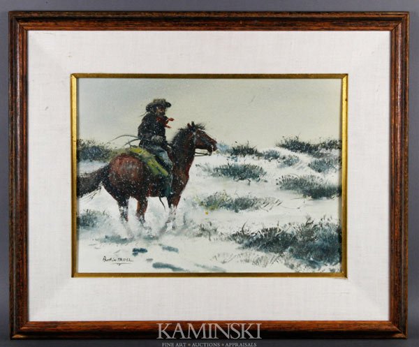 Cowboy on Horseback, O/B: Cowboy on horseback in a snow storm, oil on board, signed "Austin Deuel" (b.1959), 11"h x 14 1/2"w (sight), 18"h x 21 3/4"w (frame).