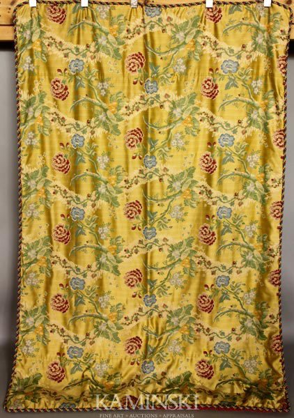 English Gold and Silk Bed Puff: English bed puff, gold and floral silk, 30" x 96".