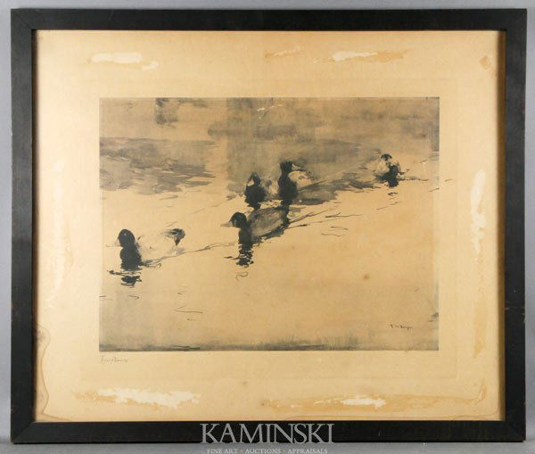 5 Assorted Prints: Lot of five prints, including Henley Filton in Foster Brothers frame, Frank Benson lithograph, and a signed Folk Art landscape oil painting.