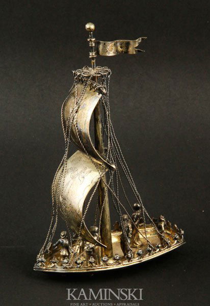 Continental Silver Sailing Ship: Continental sailing ship, .800 silver, with six people on board, hallmarked , engraved sails, approximately 5.9 troy oz TW, 7 1/4"h x 4 1/2"l.