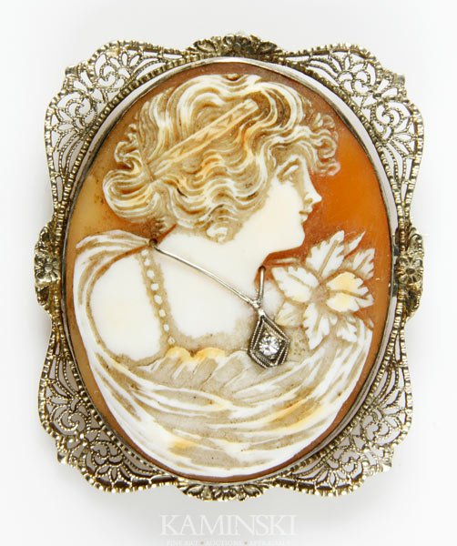 14K Gold, Diamond and Shell Cameo: 14K white gold, diamond and shell cameo brooch/pendant, approximately .02 ct diamond, 1 3/4"h x 1 3/8"w.