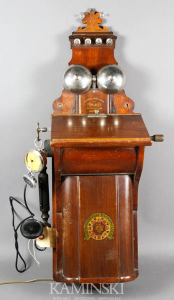 Eastlake Style Telephone: Eastlake style telephone marked "A/S Emil Mollers", 27"h x 8 1/2"w x 9"d.