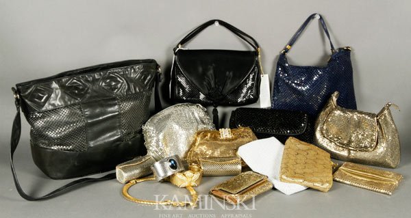 Whiting and Davis Purses and Jewelry: Collection of Whiting and Davis contemporary and vintage purses and jewelry, to include: one black dag bag; two lipstick case, one gold, one silver; two cuffs, one gold, one silver; one necklace, gold
